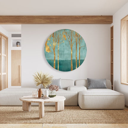 Wandcirkel woonkamer Drie Bomen in een Blauw en Goud Kunstwerk