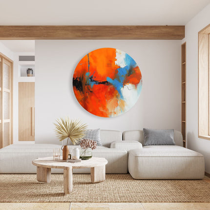 Wandcirkel woonkamer Abstract Kunstwerk met Blauwe en Oranje Kleuren