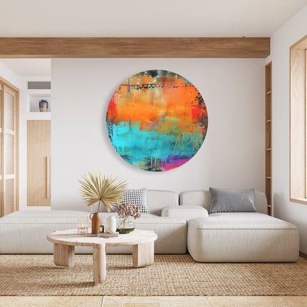 Wandcirkel woonkamer Abstract Kunstwerk met Blauwe, Oranje en Paarse Kleuren