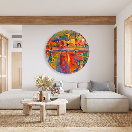 Wandcirkel woonkamer Kleurrijk Kunstwerk van een Vijver en Bomen