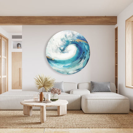 Wandcirkel woonkamer Abstract Kunstwerk van een Blauwe en Witte Golf