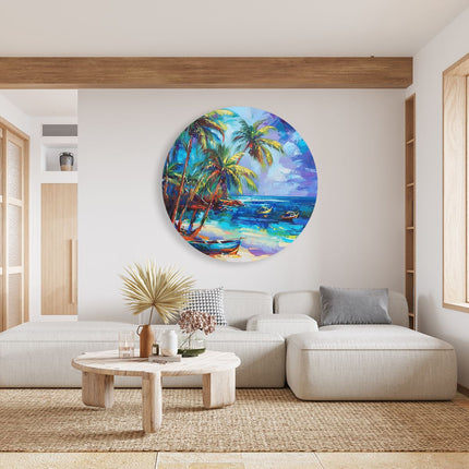 Wandcirkel woonkamer Kunstwerk van een Strand met Boten en Palmbomen