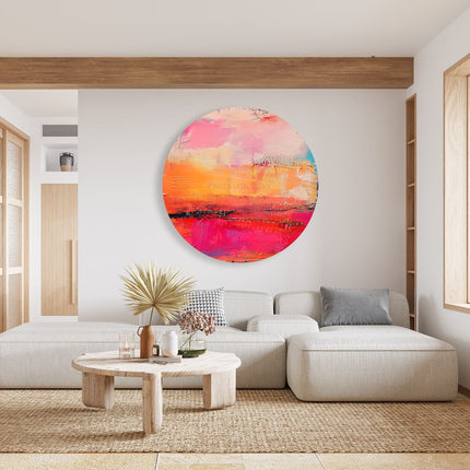 Wandcirkel woonkamer Abstract Kunstwerk met Roze, Oranje en Blauwe Kleuren