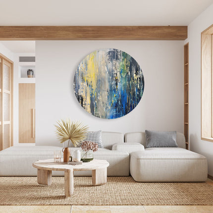 Wandcirkel woonkamer Abstract Kunstwerk met Blauwe, Gele en Zwarte Druppels