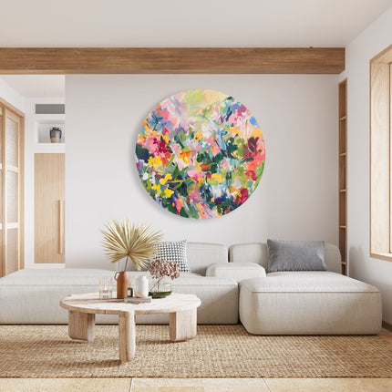 Wandcirkel woonkamer Abstract Kunstwerk van Kleurrijke Bloemen