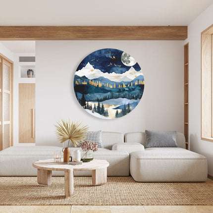 Wandcirkel woonkamer Aquarelkunstwerk van een Besneeuwd Landschap met een Volle Maan