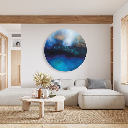 Wandcirkel woonkamer Abstract Kunstwerk van Blauw en Goud