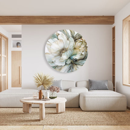 Wandcirkel woonkamer Kunstwerk van een Witte Bloem op een Witte Achtergrond