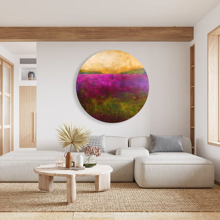 Wandcirkel woonkamer Abstract Kunstwerk van een Paars en Goudlandschap