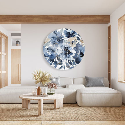 Wandcirkel woonkamer Blauwe en Beige Bloemen op een Witte Achtergrond