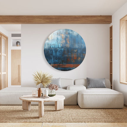 Wandcirkel woonkamer Abstract Kunstwerk van Blauw en Oranje