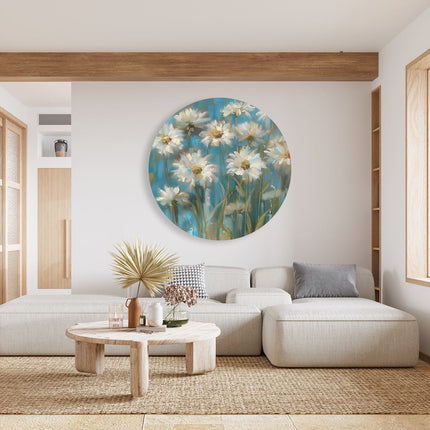 Wandcirkel woonkamer Kunstwerk van Witte Madeliefjes op een Blauwe Achtergrond