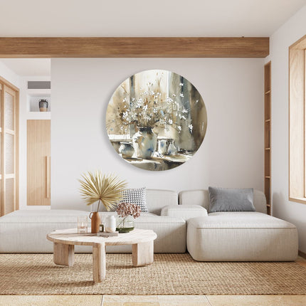 Wandcirkel woonkamer Aquarelkunstwerk van Bloemen in een Vaas op een Vensterbank