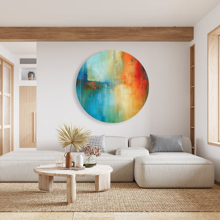 Wandcirkel woonkamer Abstract Kunstwerk met Blauwe, Oranje en Rode Kleuren
