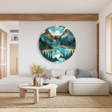 Wandcirkel woonkamer Aquarelkunstwerk van Bergen en een Meer