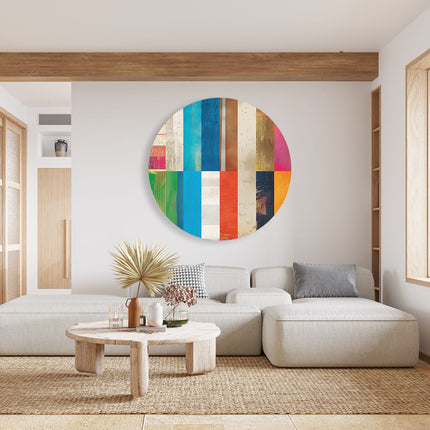 Wandcirkel woonkamer Kleurrijke Strepen op een Houten Achtergrond
