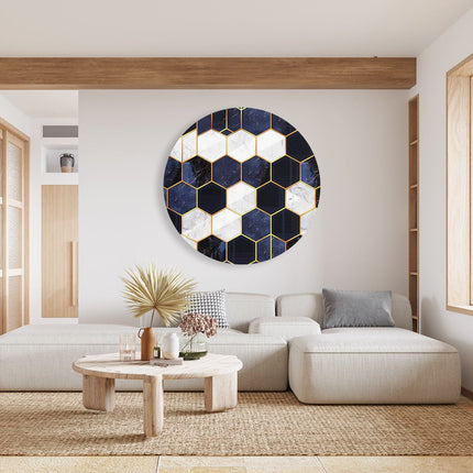 Wandcirkel woonkamer Blauw en Goud Marmerpatroon met Zeshoeken