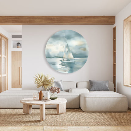 Wandcirkel woonkamer Aquarelkunstwerk van een Zeilboot in het Water