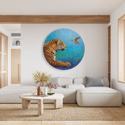 Wandcirkel woonkamer Kunstwerk van een Jaguar en een Kolibrie