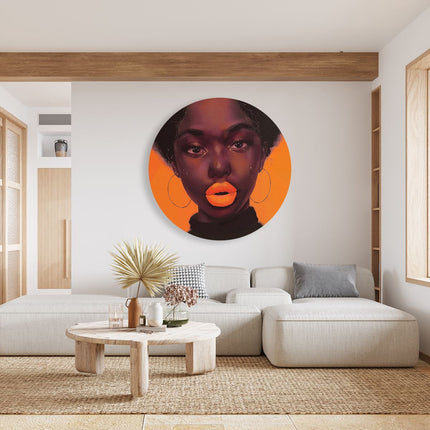 Wandcirkel woonkamer Zwarte Vrouw met Oranje Lippen