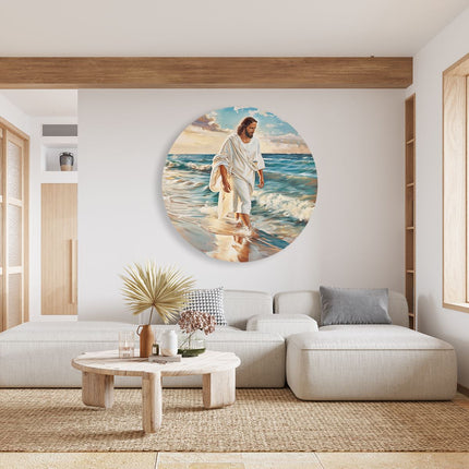 Wandcirkel woonkamer Jezus loopt op het Strand