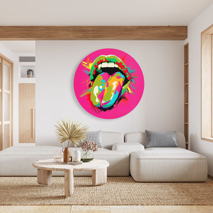 Wandcirkel woonkamer De Tong van de Rollende Stenen op een Roze Achtergrond