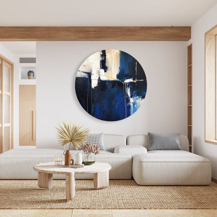 Wandcirkel woonkamer Abstract Kunstwerk in Blauw en Wit