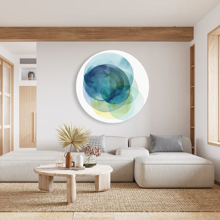 Wandcirkel woonkamer Blauwe, Gele en Groene Cirkels op een Witte Achtergrond