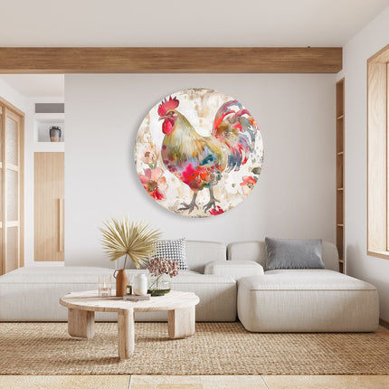 Wandcirkel woonkamer Aquarelkunstwerk van een Haan met Bloemen