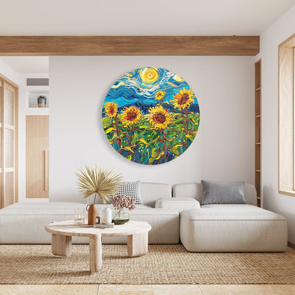Wandcirkel woonkamer Kunstwerk van Zonnebloemen in een Veld