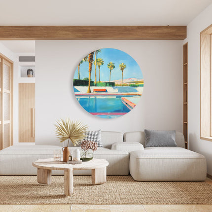 Wandcirkel woonkamer Kunstwerk van een Zwembad met Palmbomen
