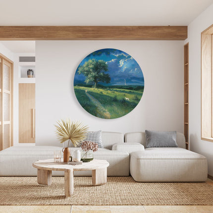 Wandcirkel woonkamer Kunstwerk van een Grasveld met een Boom