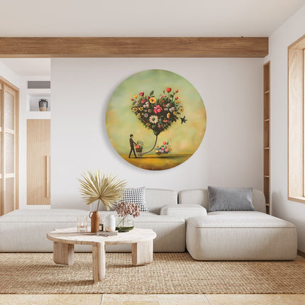 Wandcirkel woonkamer Man die een Kar Voortduwt met een Hartvormig Boeket Bloemen