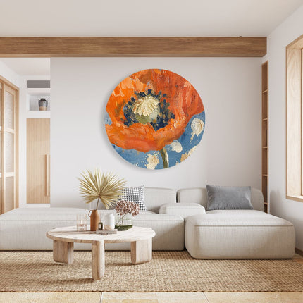 Wandcirkel woonkamer Oranje Papaver op een Blauwe Achtergrond