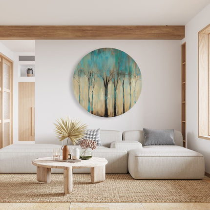 Wandcirkel woonkamer Kunstwerk van Bomen in Blauw en Bruin