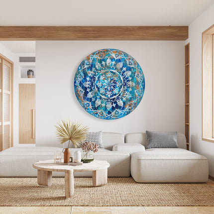 Wandcirkel woonkamer Blauwe en Witte Mandala