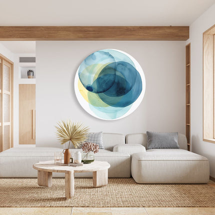 Wandcirkel woonkamer Blauwe, Gele en Witte Cirkels op een Witte Achtergrond