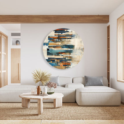 Wandcirkel woonkamer Abstract Kunstwerk met Blauwe, Bruine en Beige Kleuren
