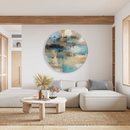 Wandcirkel woonkamer Abstract Kunstwerk in Blauw en Bruin