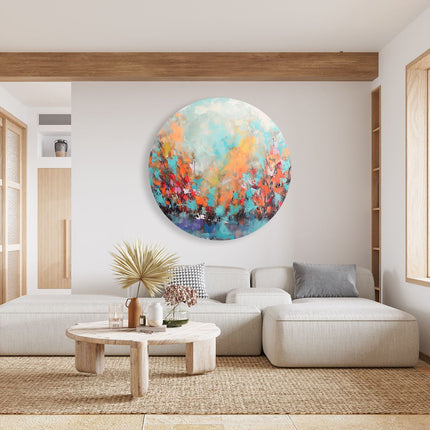 Wandcirkel woonkamer Abstract Kunstwerk van Bomen in Blauw en Oranje