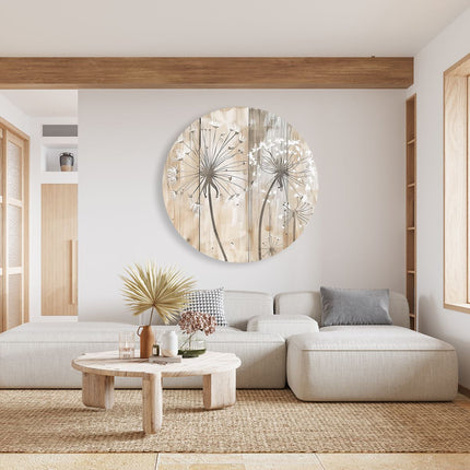 Wandcirkel woonkamer Paardebloemen op een Houten Plank