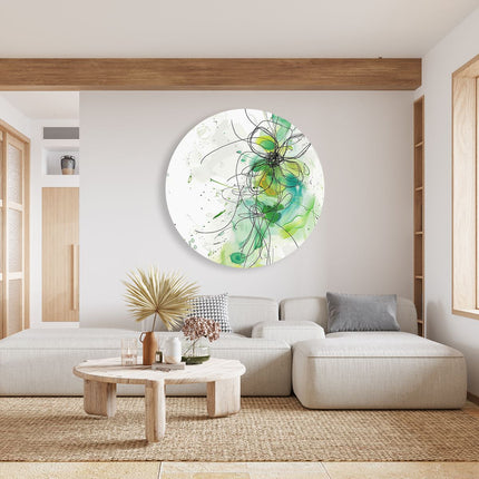 Wandcirkel woonkamer Abstract Kunstwerk van een Groene Bloem met Splatters