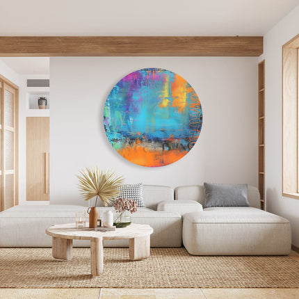 Wandcirkel woonkamer Abstract Kunstwerk met Blauwe, Oranje en Gele Kleuren