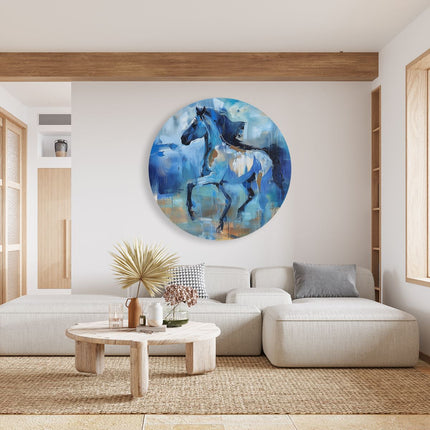 Wandcirkel woonkamer Abstract Kunstwerk van een Blauw Paard