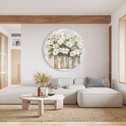 Wandcirkel woonkamer Witte Bloemen in een Houten Kist