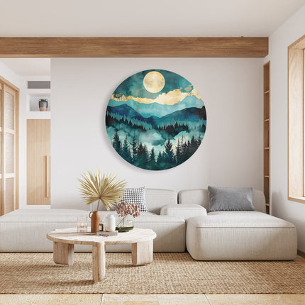 Wandcirkel woonkamer Aquarelkunstwerk van Bergen en een Volle Maan