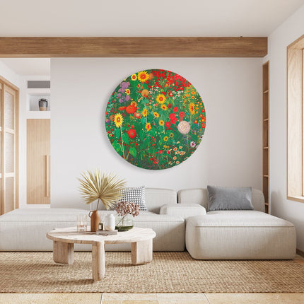 Wandcirkel woonkamer Kunstwerk van een Tuin met Zonnebloemen en andere Bloemen