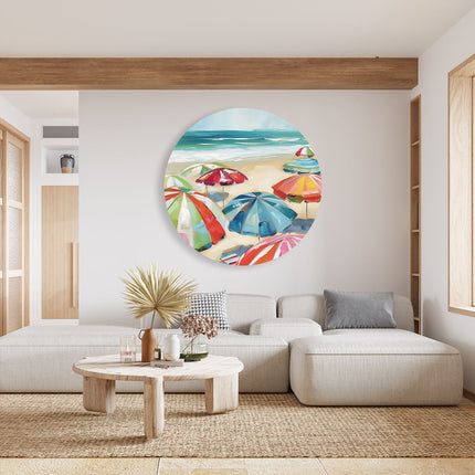 Wandcirkel woonkamer Kleurrijke Parasols op het Strand