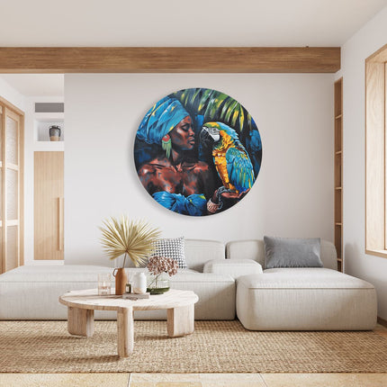 Wandcirkel woonkamer Kunstwerk van een Vrouw met een Papegaai