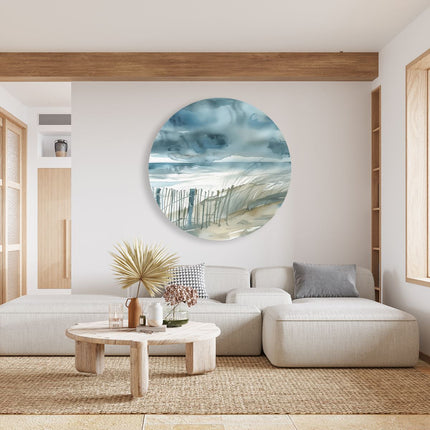 Wandcirkel woonkamer Aquarelkunstwerk van een Strand met een Hek